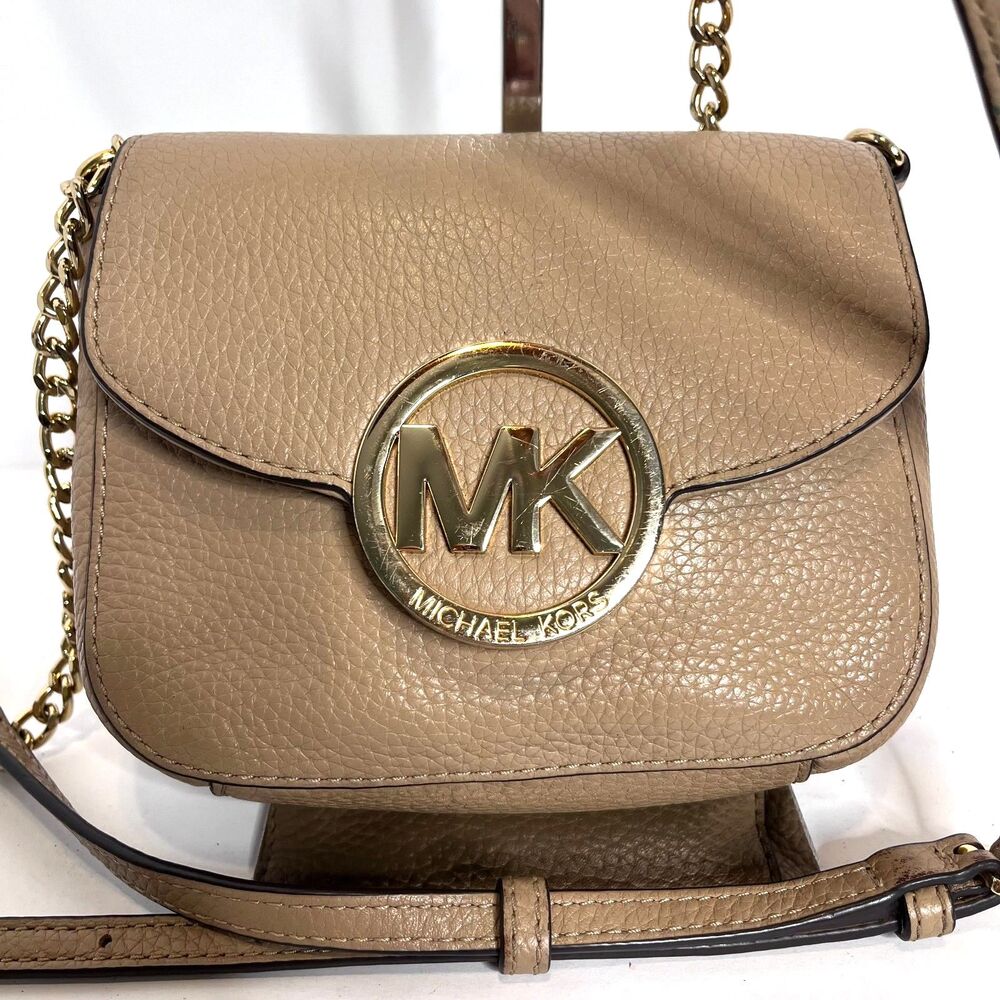 Michael Kors Small Fulton Tan & Gold Pebbled Leather Crossbody